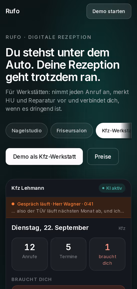 Die Website von KI-Rezeption Rufo, ganz durchgescrollt